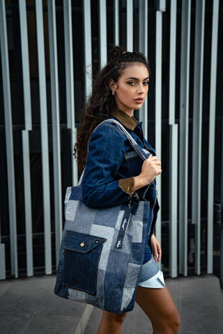 borsa denim patchwork tracolla